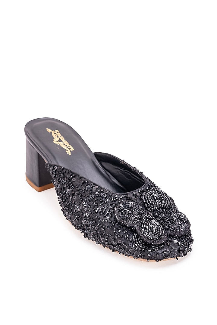 Black Leatherette Stone Embroidered Mule Heels by 5 Elements at Pernia's Pop Up Shop