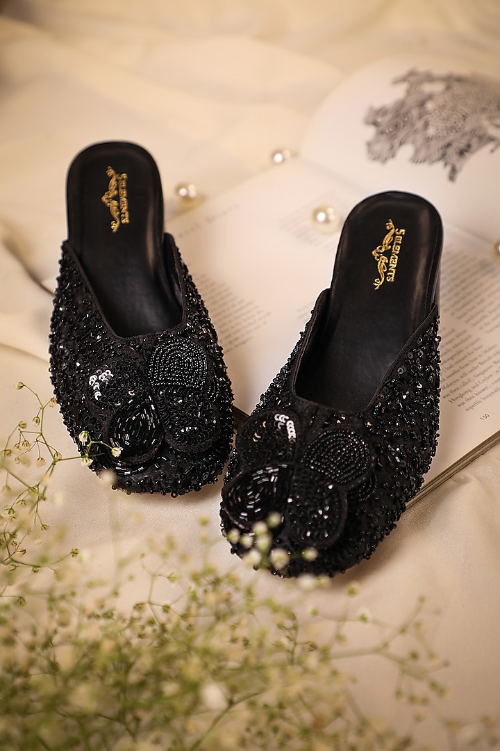 Black Leatherette Stone Embroidered Mule Heels by 5 Elements at Pernia's Pop Up Shop
