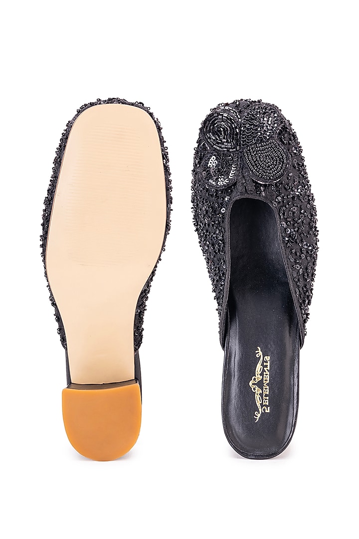 Black Leatherette Stone Embroidered Mule Heels by 5 Elements at Pernia's Pop Up Shop
