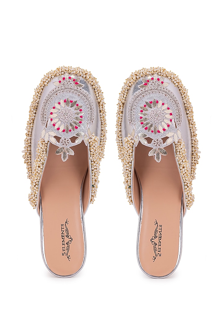 Silver Leatherette Dabka Embroidered Mule Heels by 5 Elements at Pernia's Pop Up Shop
