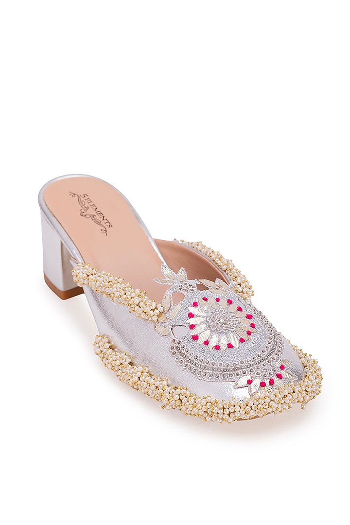Silver Leatherette Dabka Embroidered Mule Heels by 5 Elements at Pernia's Pop Up Shop