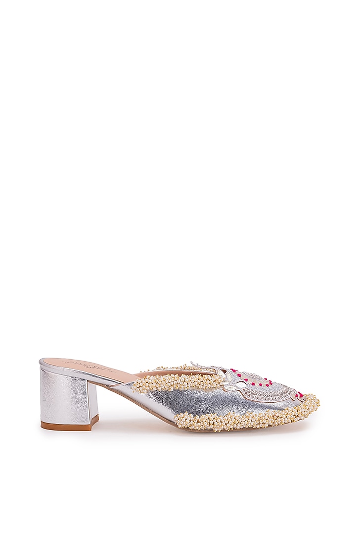 Silver Leatherette Dabka Embroidered Mule Heels by 5 Elements at Pernia's Pop Up Shop