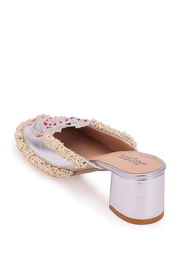 Silver Leatherette Dabka Embroidered Mule Heels by 5 Elements at Pernia's Pop Up Shop