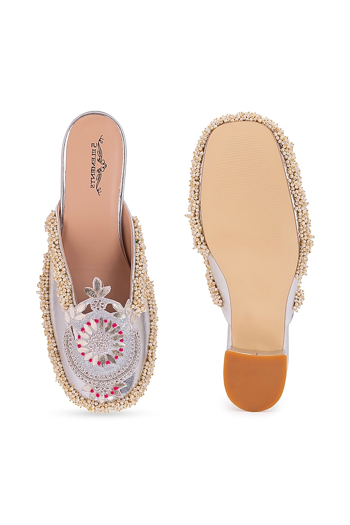 Silver Leatherette Dabka Embroidered Mule Heels by 5 Elements at Pernia's Pop Up Shop