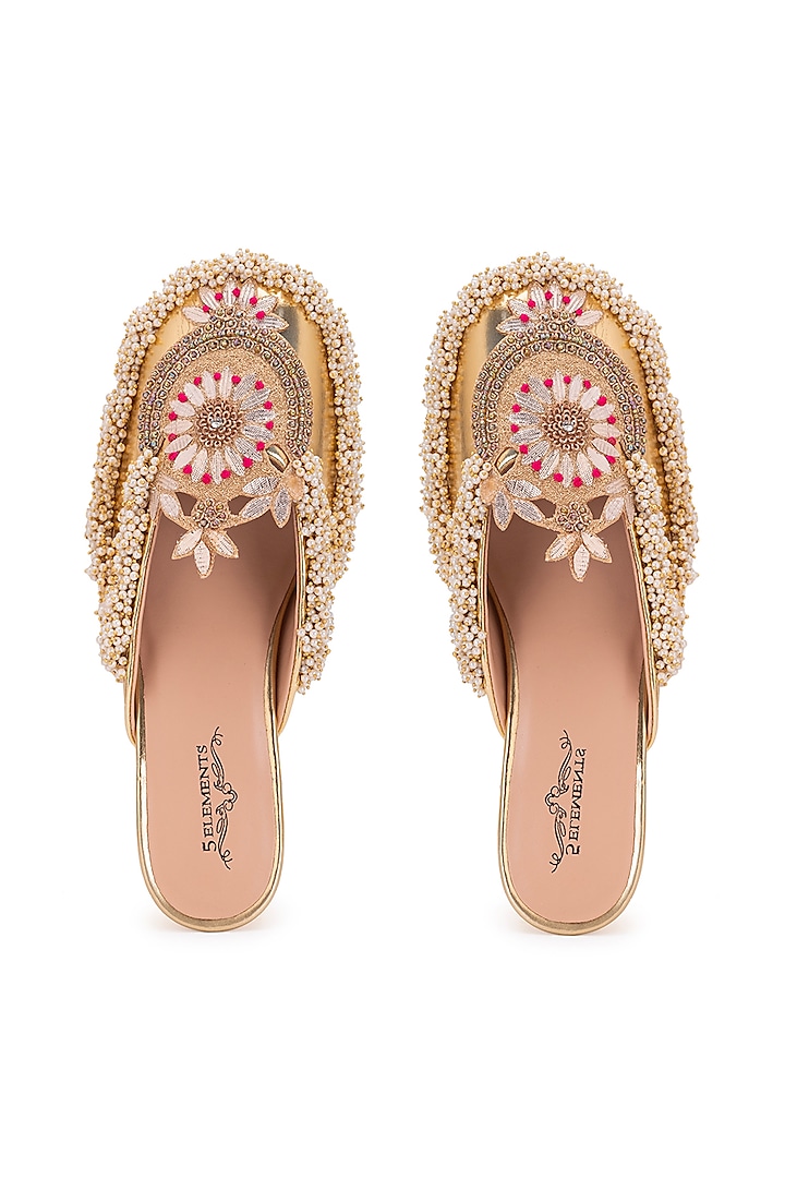 Gold Leatherette Dabka Embroidered Mule Heels by 5 Elements