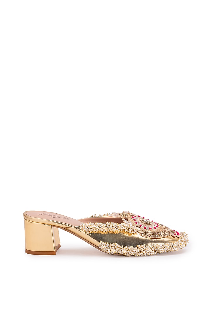 Gold Leatherette Dabka Embroidered Mule Heels by 5 Elements at Pernia's Pop Up Shop