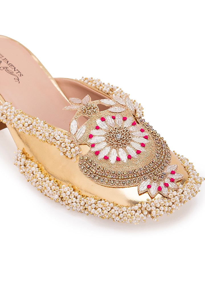 Gold Leatherette Dabka Embroidered Mule Heels by 5 Elements at Pernia's Pop Up Shop