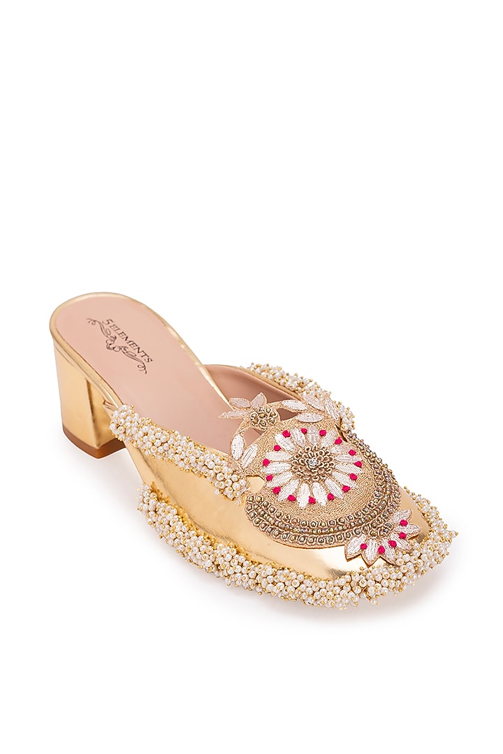 Gold Leatherette Dabka Embroidered Mule Heels by 5 Elements at Pernia's Pop Up Shop