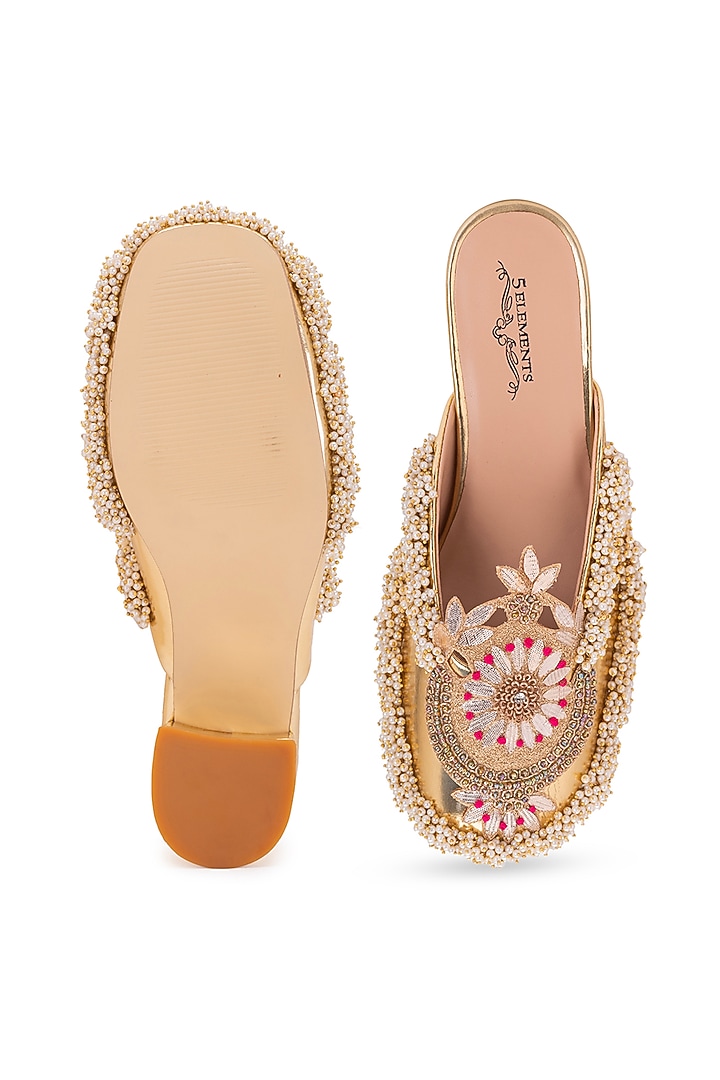 Gold Leatherette Dabka Embroidered Mule Heels by 5 Elements at Pernia's Pop Up Shop