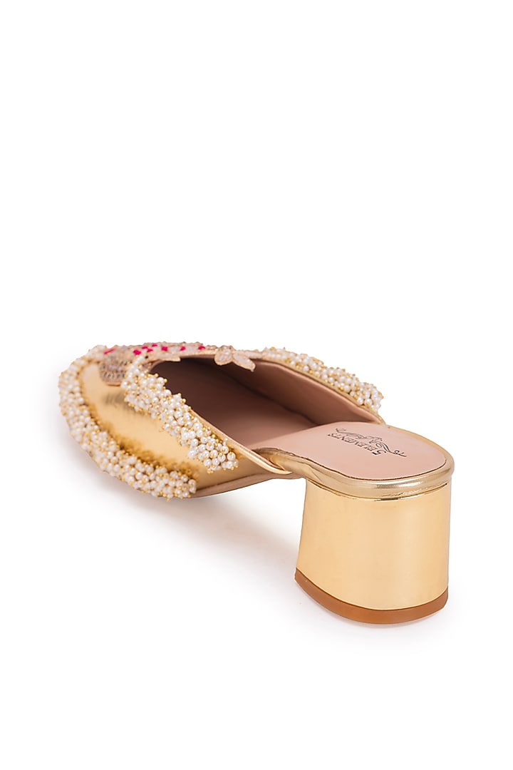 Gold Leatherette Dabka Embroidered Mule Heels by 5 Elements at Pernia's Pop Up Shop