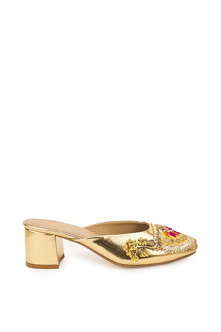 Pink Leatherette Ghungroo Embellished Mule Heels by 5 Elements at Pernia's Pop Up Shop
