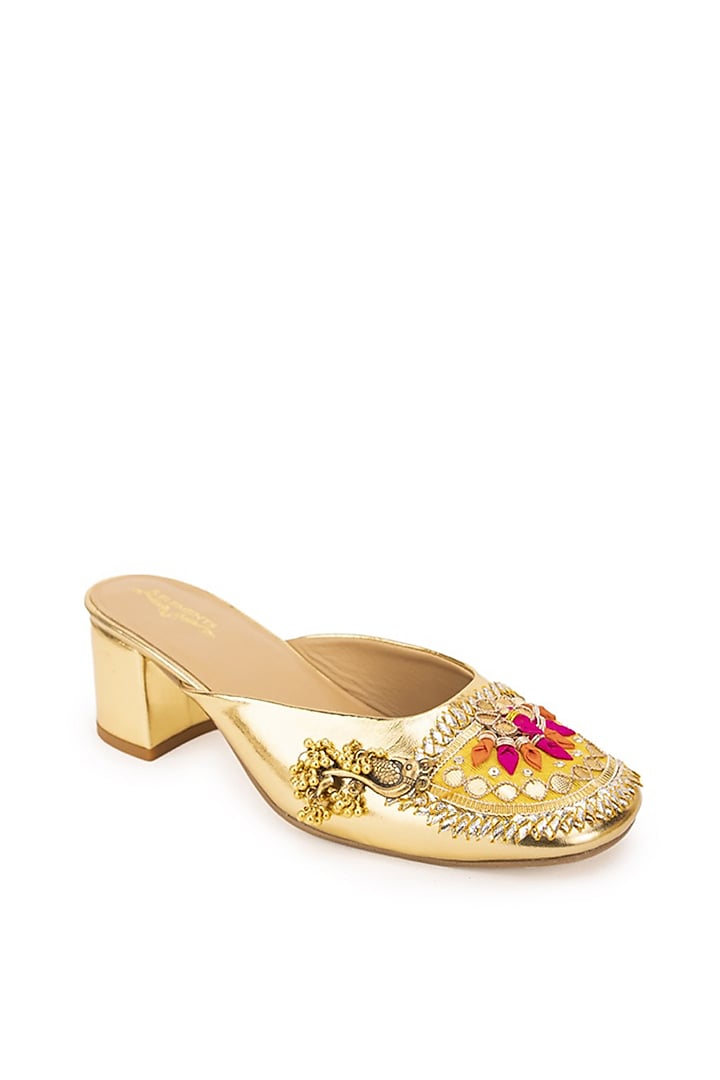 Pink Leatherette Ghungroo Embellished Mule Heels by 5 Elements at Pernia's Pop Up Shop