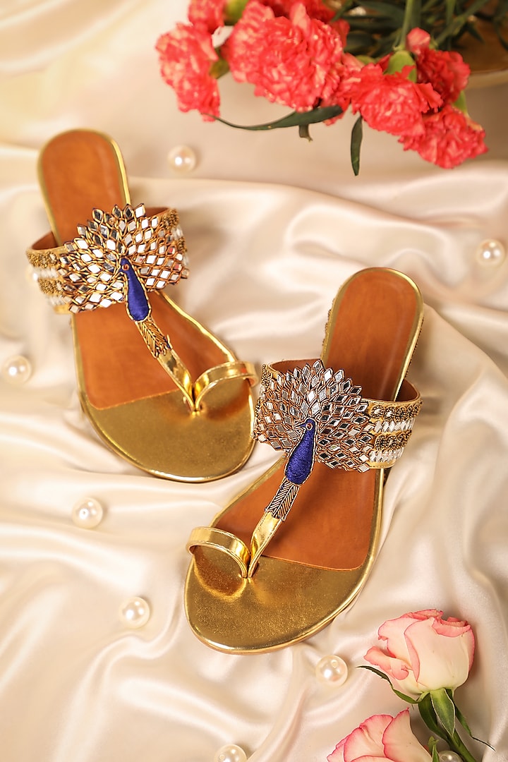 Gold Leatherette Gota Embroidered Kolhapuri Heels by 5 Elements