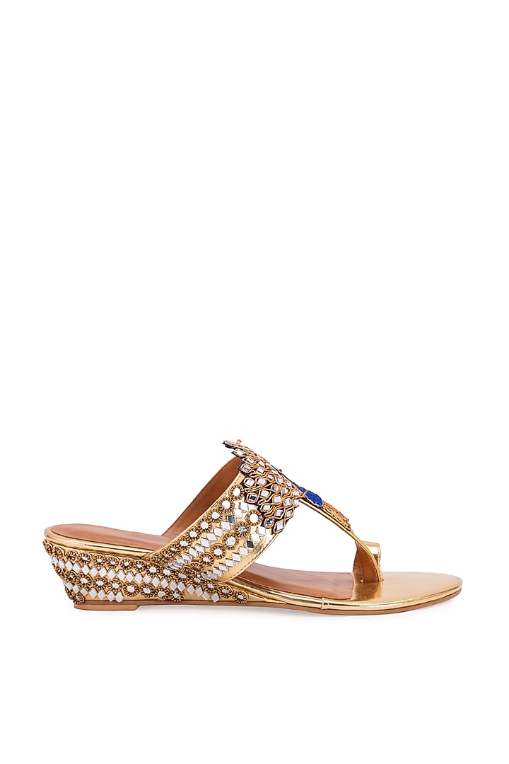 Gold Leatherette Gota Embroidered Kolhapuri Heels by 5 Elements at Pernia's Pop Up Shop
