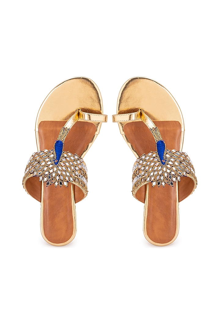 Gold Leatherette Gota Embroidered Kolhapuri Heels by 5 Elements at Pernia's Pop Up Shop