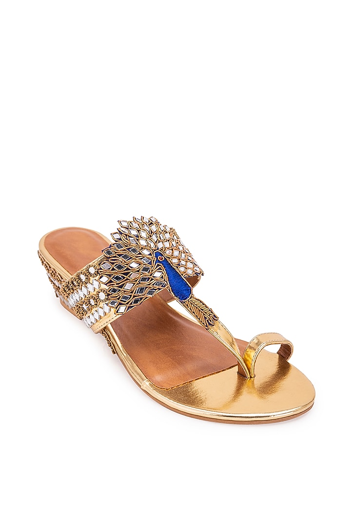Gold Leatherette Gota Embroidered Kolhapuri Heels by 5 Elements at Pernia's Pop Up Shop