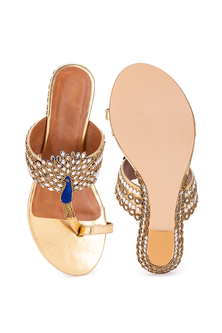 Gold Leatherette Gota Embroidered Kolhapuri Heels by 5 Elements at Pernia's Pop Up Shop