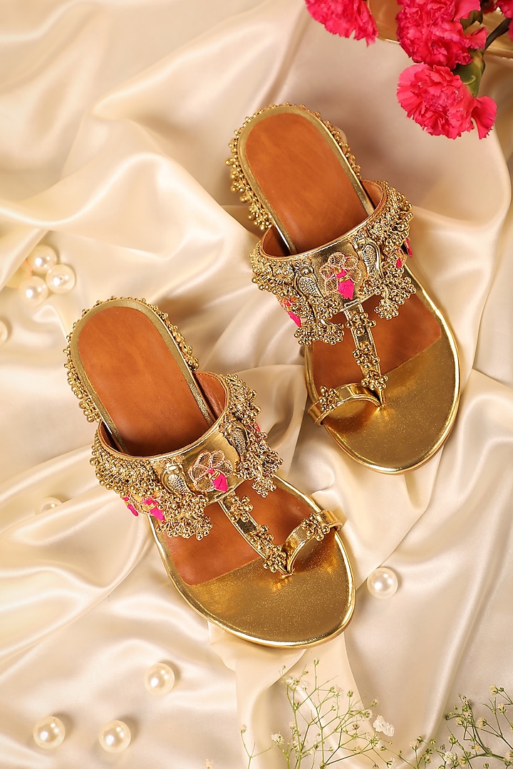 Gold Leatherette Metallic Embroidered Kolhapuri Heels by 5 Elements at Pernia's Pop Up Shop