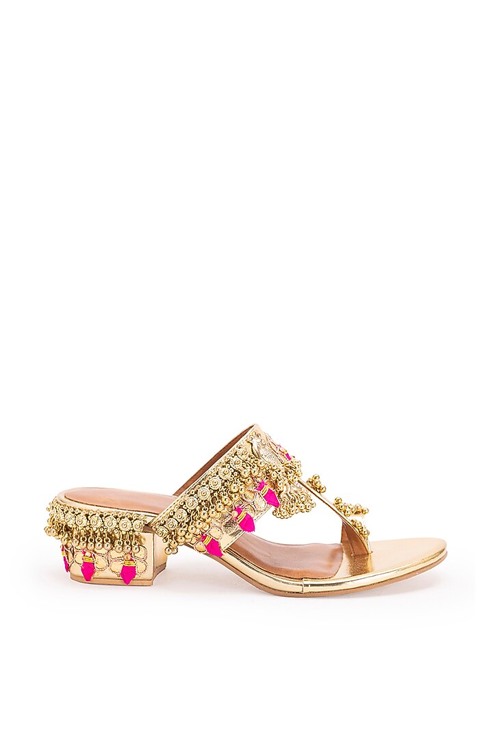 Gold Leatherette Metallic Embroidered Kolhapuri Heels by 5 Elements at Pernia's Pop Up Shop