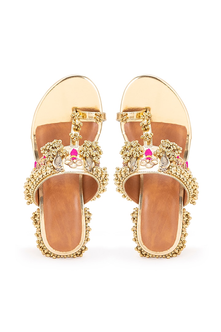 Gold Leatherette Metallic Embroidered Kolhapuri Heels by 5 Elements at Pernia's Pop Up Shop