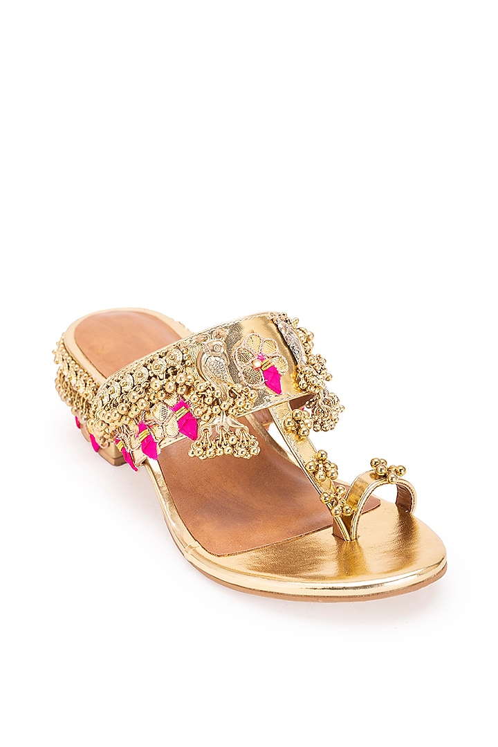 Gold Leatherette Metallic Embroidered Kolhapuri Heels by 5 Elements at Pernia's Pop Up Shop