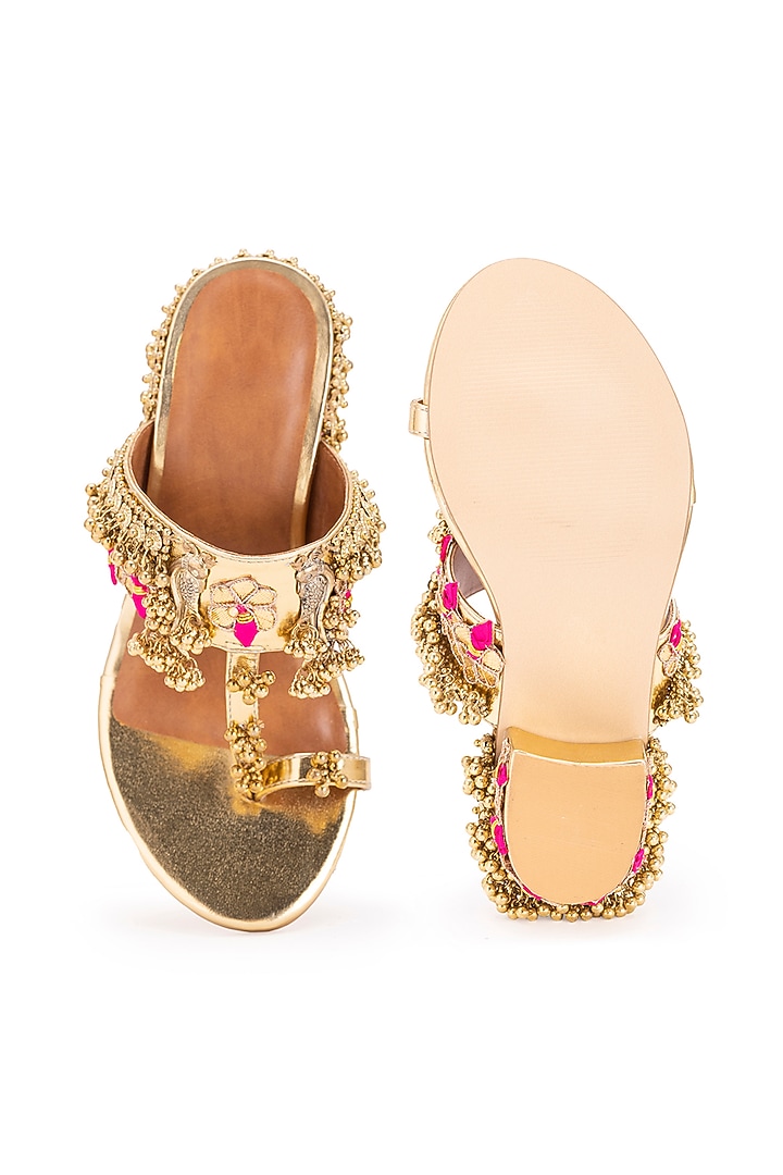 Gold Leatherette Metallic Embroidered Kolhapuri Heels by 5 Elements at Pernia's Pop Up Shop