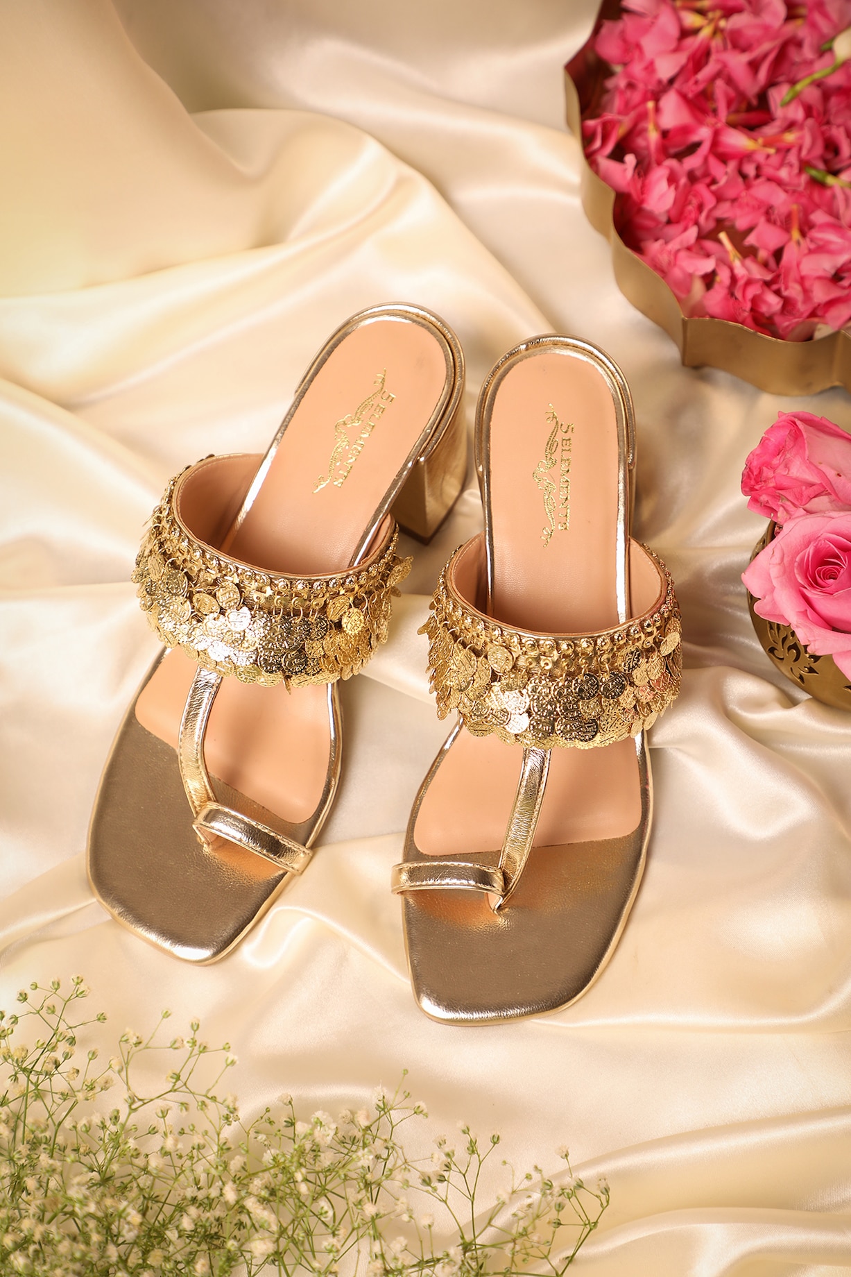 Gold Leatherette Metallic Gold Coin Embroidered Kolhapuri Heels by