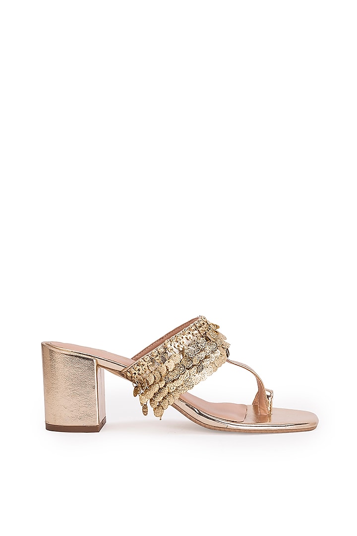 Gold Leatherette Metallic Gold Coin Embroidered Kolhapuri Heels by 5 Elements at Pernia's Pop Up Shop