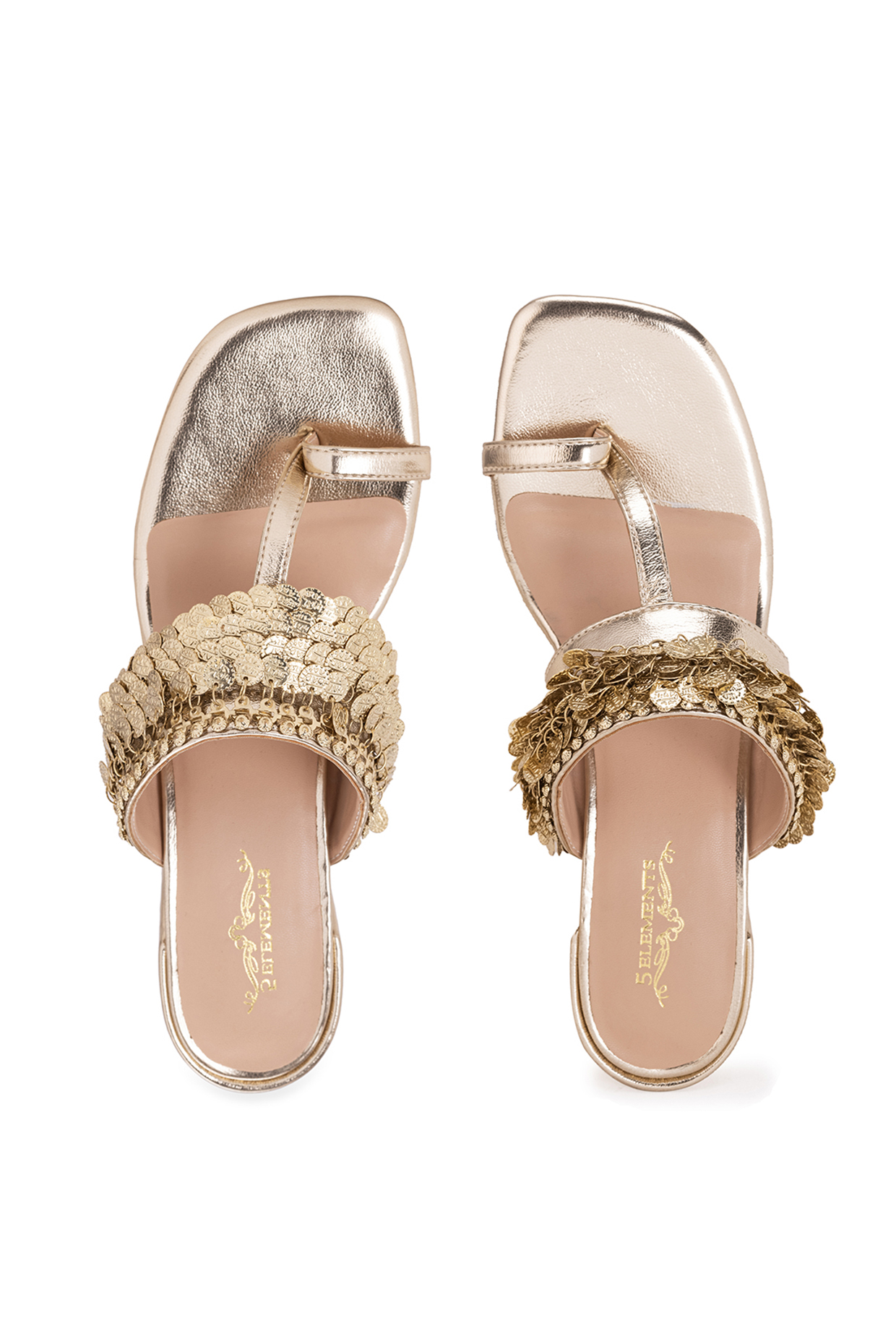 Gold Leatherette Metallic Gold Coin Embroidered Kolhapuri Heels by 5 Elements at Pernia s Pop Up Shop