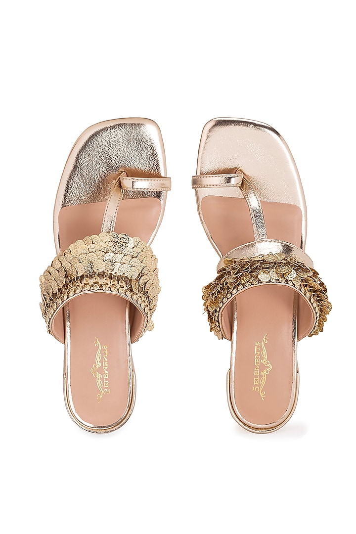 Gold Leatherette Metallic Gold Coin Embroidered Kolhapuri Heels by 5 Elements at Pernia's Pop Up Shop