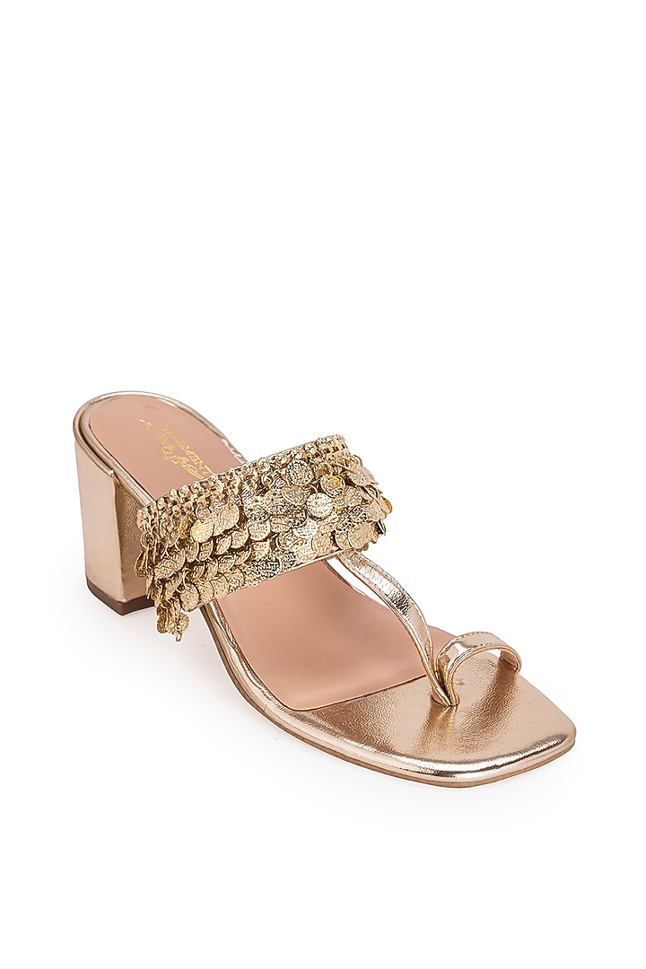 Gold Leatherette Metallic Gold Coin Embroidered Kolhapuri Heels by 5 Elements at Pernia's Pop Up Shop