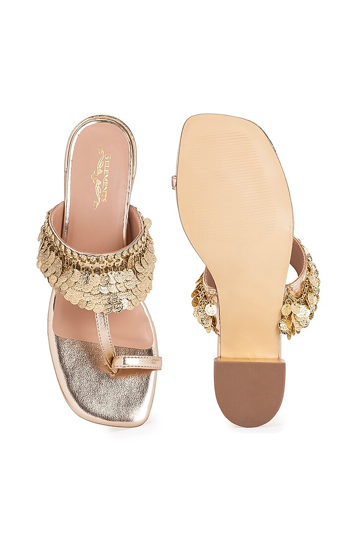 Gold Leatherette Metallic Gold Coin Embroidered Kolhapuri Heels by 5 Elements at Pernia's Pop Up Shop