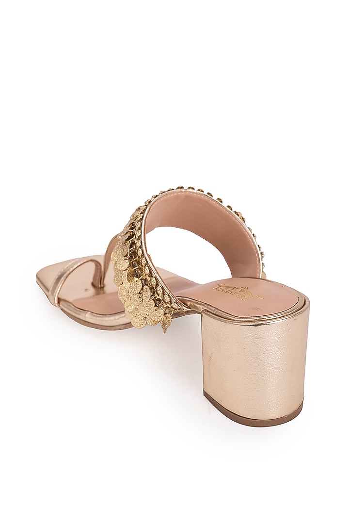 Gold Leatherette Metallic Gold Coin Embroidered Kolhapuri Heels by 5 Elements at Pernia's Pop Up Shop