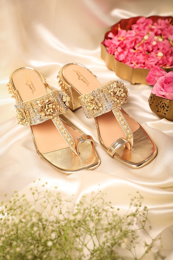 Gold Leatherette Embroidered Kolhapuri Heels by 5 Elements