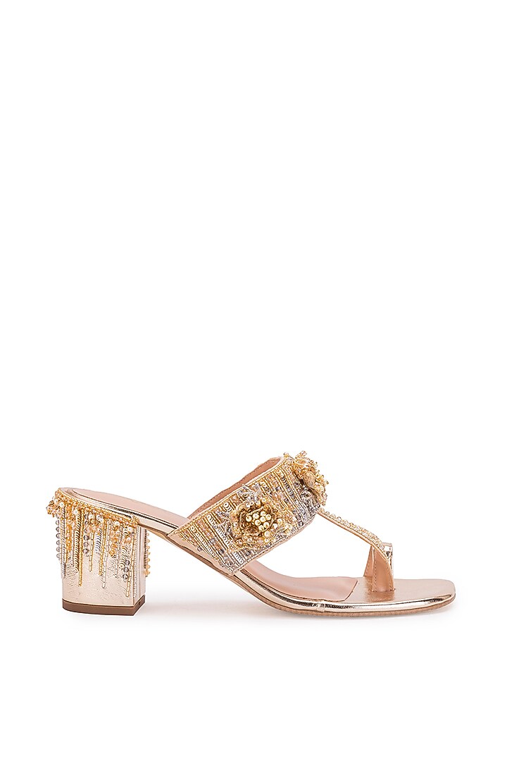 Gold Leatherette Embroidered Kolhapuri Heels by 5 Elements at Pernia's Pop Up Shop