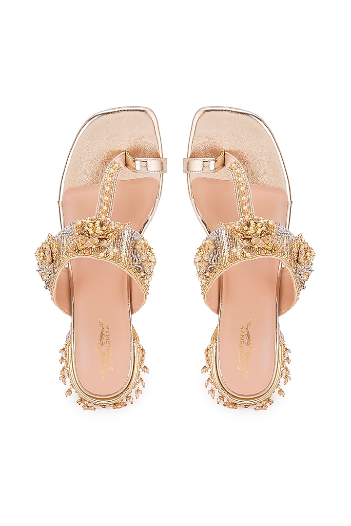 Gold Leatherette Embroidered Kolhapuri Heels by 5 Elements at Pernia's Pop Up Shop