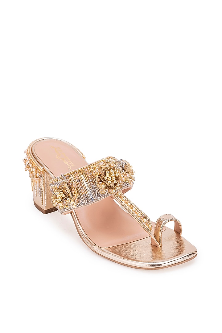 Gold Leatherette Embroidered Kolhapuri Heels by 5 Elements at Pernia's Pop Up Shop