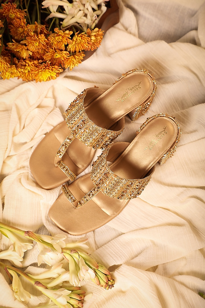 Gold Leatherette Embroidered Kolhapuri Heels by 5 Elements at Pernia's Pop Up Shop