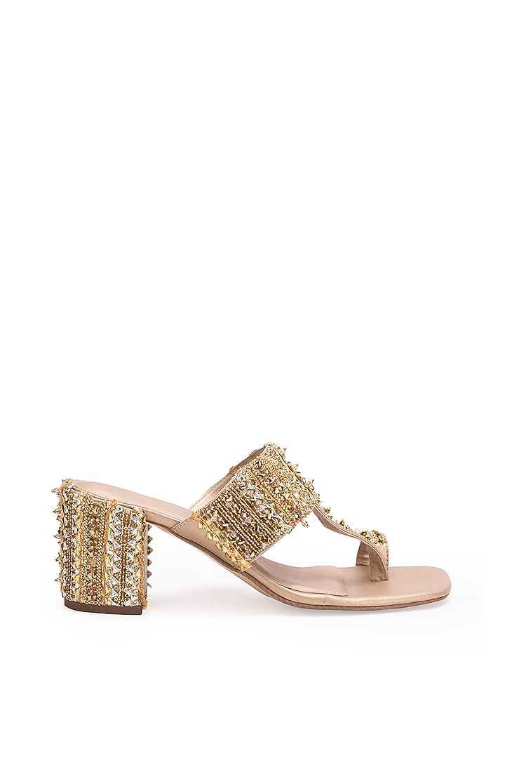 Gold Leatherette Embroidered Kolhapuri Heels by 5 Elements at Pernia's Pop Up Shop