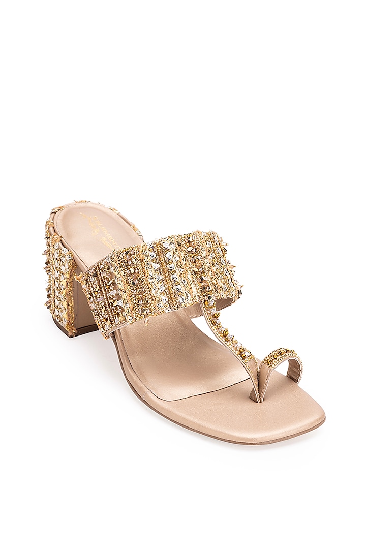 Gold Leatherette Embroidered Kolhapuri Heels by 5 Elements at Pernia's Pop Up Shop