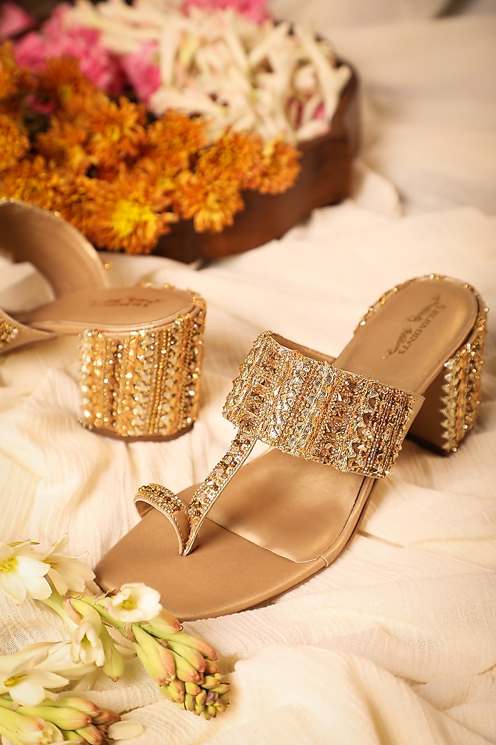 Gold Leatherette Embroidered Kolhapuri Heels by 5 Elements at Pernia's Pop Up Shop