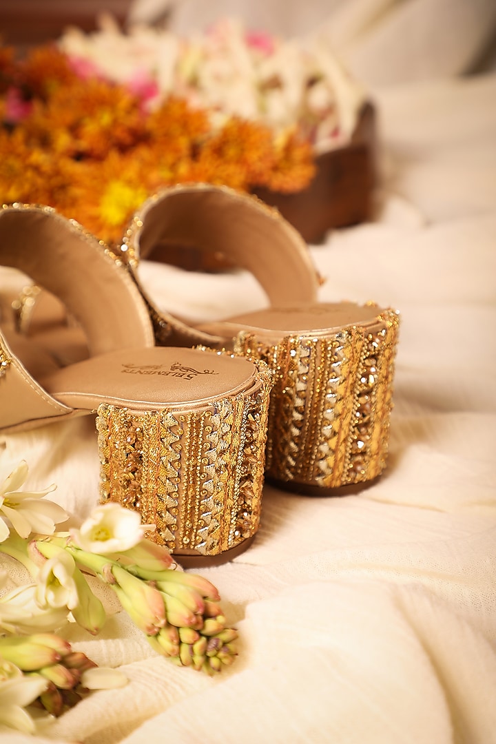 Gold Leatherette Embroidered Kolhapuri Heels by 5 Elements at Pernia's Pop Up Shop