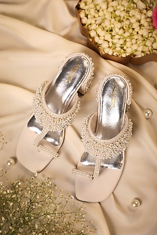 White Leatherette Stone Embroidered Kolhapuri Heels by 5 Elements