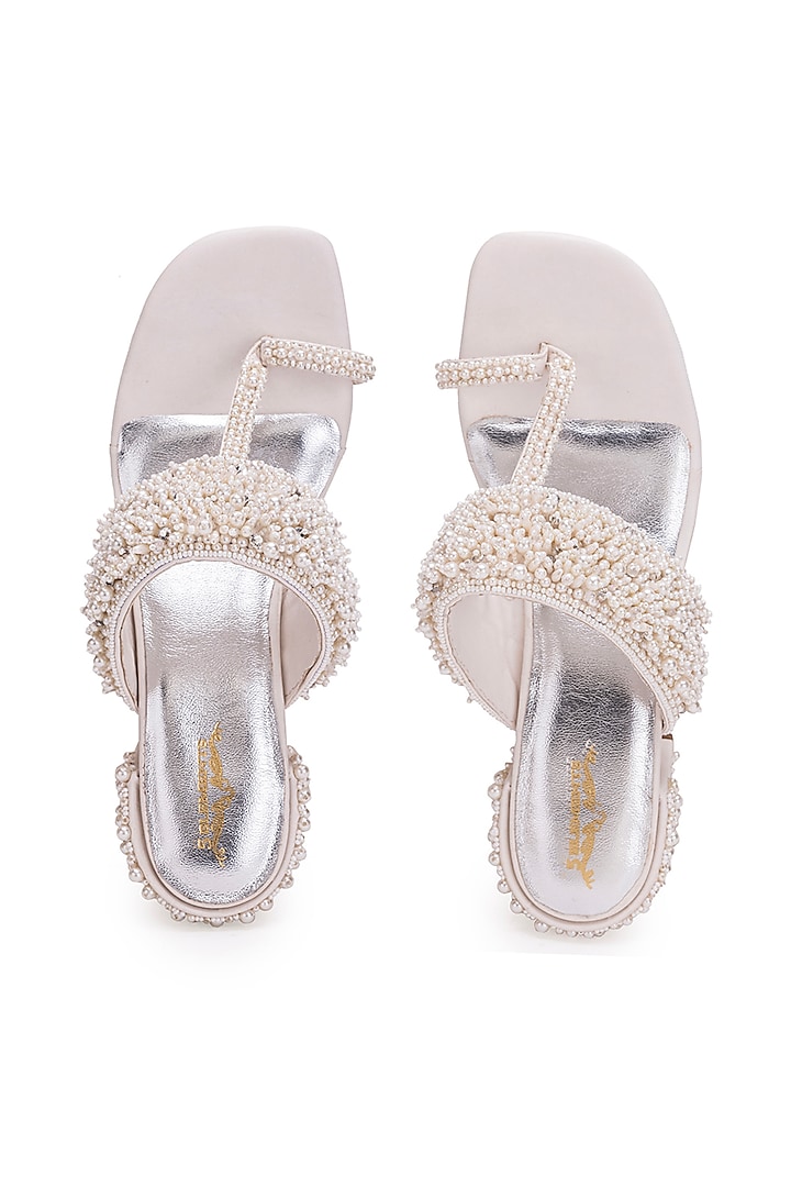 White Leatherette Stone Embroidered Kolhapuri Heels by 5 Elements at Pernia's Pop Up Shop