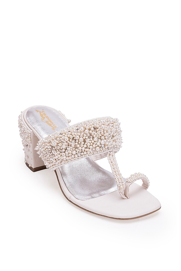 White Leatherette Stone Embroidered Kolhapuri Heels by 5 Elements at Pernia's Pop Up Shop