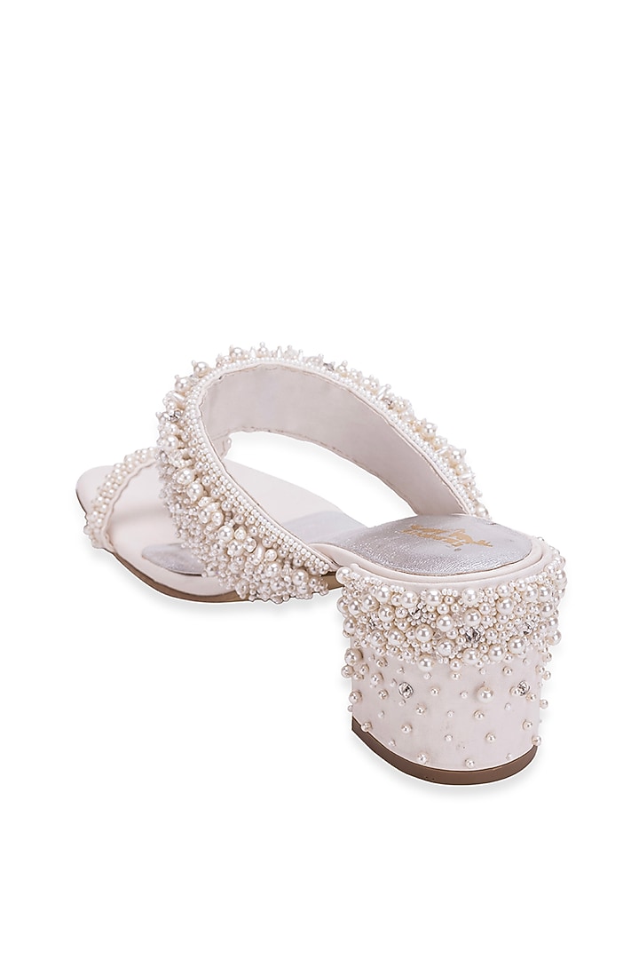 White Leatherette Stone Embroidered Kolhapuri Heels by 5 Elements at Pernia's Pop Up Shop