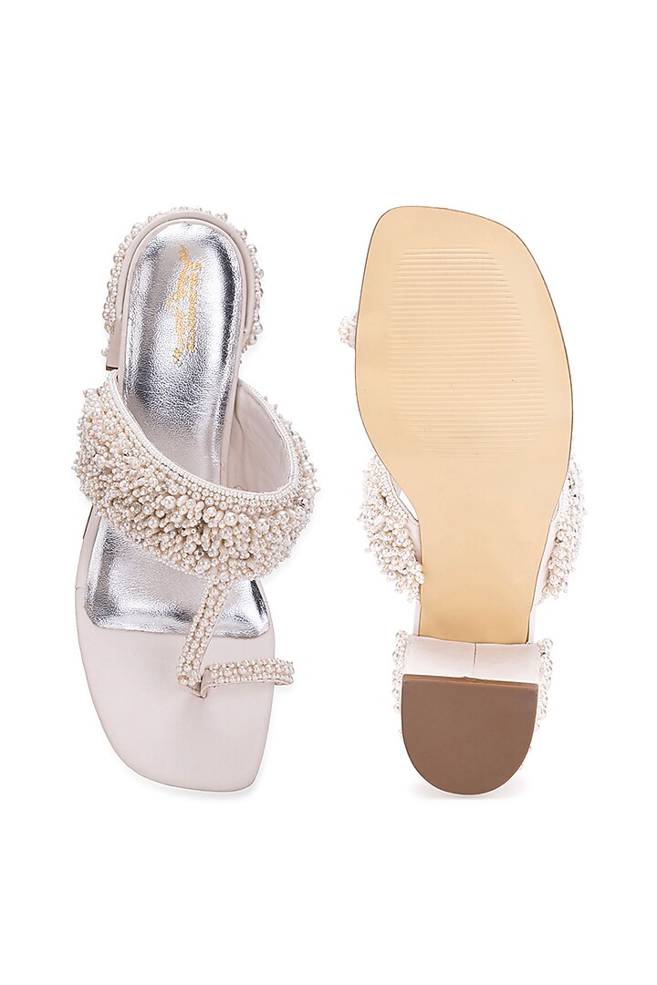 White Leatherette Stone Embroidered Kolhapuri Heels by 5 Elements at Pernia's Pop Up Shop