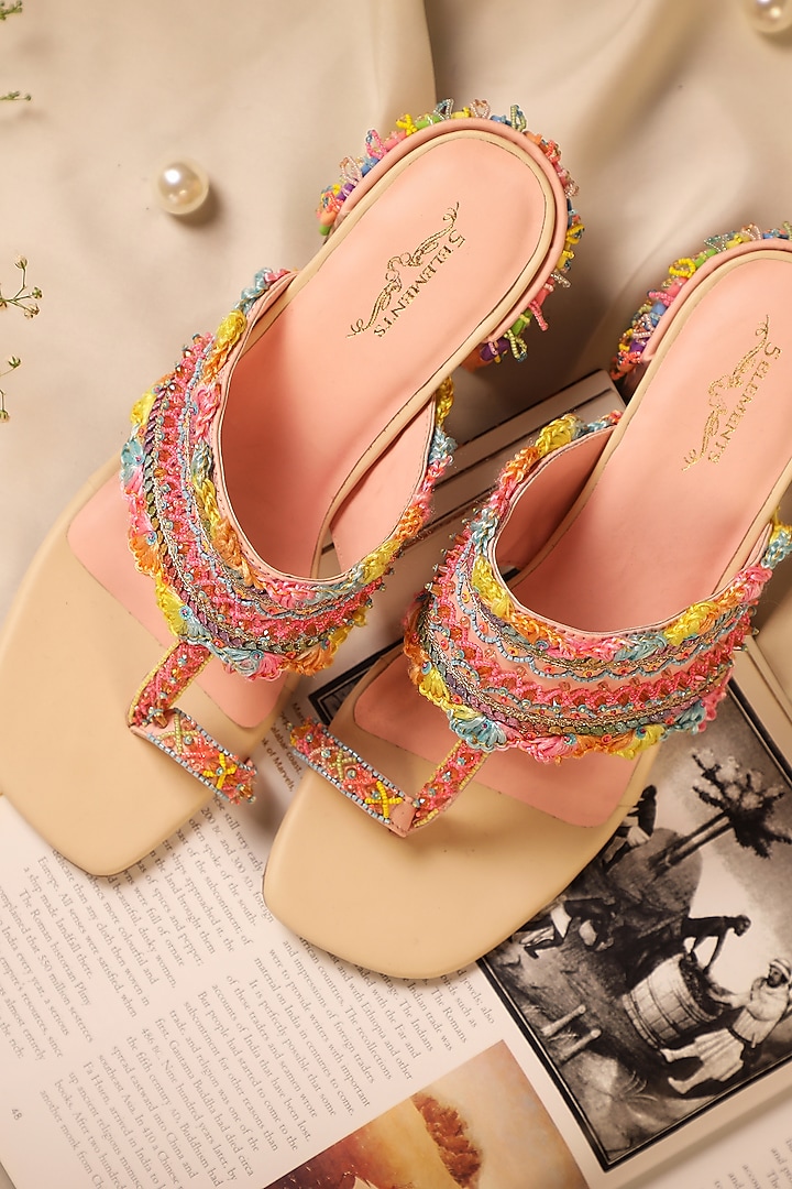 Peach Leatherette Stone Embroidered Kolhapuri Heels by 5 Elements at Pernia's Pop Up Shop