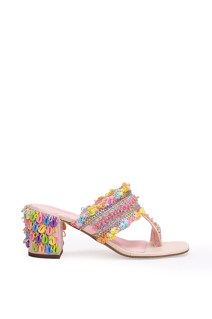 Peach Leatherette Stone Embroidered Kolhapuri Heels by 5 Elements at Pernia's Pop Up Shop