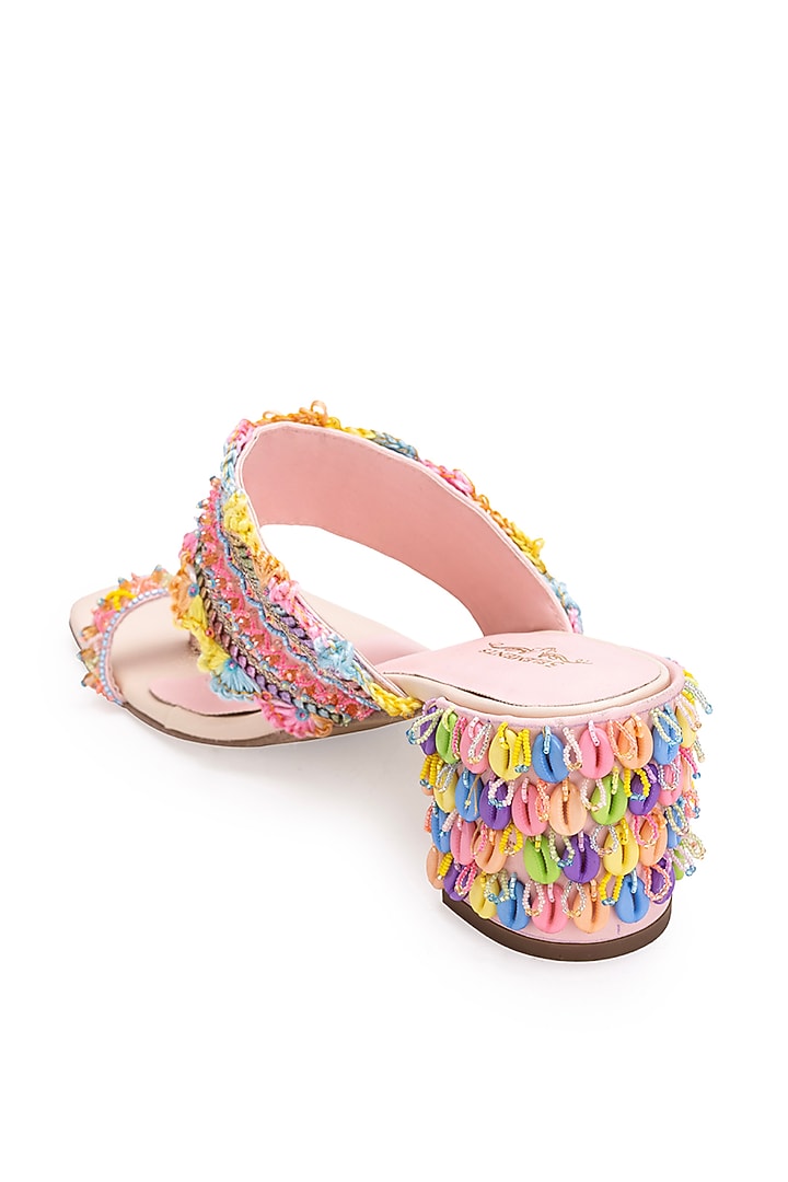 Peach Leatherette Stone Embroidered Kolhapuri Heels by 5 Elements at Pernia's Pop Up Shop